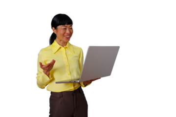 Asian businesswoman holding a laptop, talking during a video call, presenting and sharing ideas, transparent background