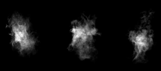 White smoke or mist cloud isolated on black background, realistic fog texture effect for photo editing, design overlay, or Halloween theme. Ideal for vapor, steam, or ghostly atmosphere visuals.