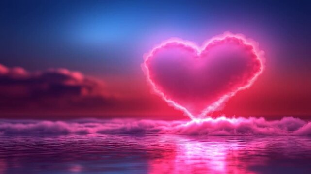 On the horizon, a glowing heart rises, casting a warm, romantic light across the sky and creating a magical, enchanting atmosphere