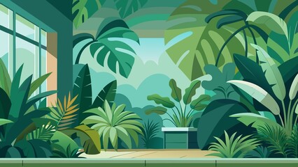 Lush green botanical garden interior with large tropical plants and natural light