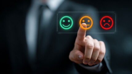 Obraz premium hand pointing, selecting smiling face, neutral face and a red sad face