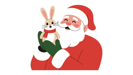 Santa Claus and Easter Bunny's Friendship: A charming illustration depicts Santa Claus lovingly cradling an adorable bunny rabbit, radiating warmth and the joy of the holiday season.