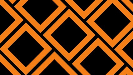 A bold geometric pattern featuring repeated orange diamond outlines on a black background, creating a striking modern design with strong symmetry and dynamic intersecting lines.