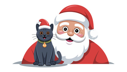 Santa Claus and Cat's Christmas Cheer: A festive and heartwarming illustration of Santa Claus with a cute cat, both adorned with Santa hats, perfect for holiday greetings and festive content.