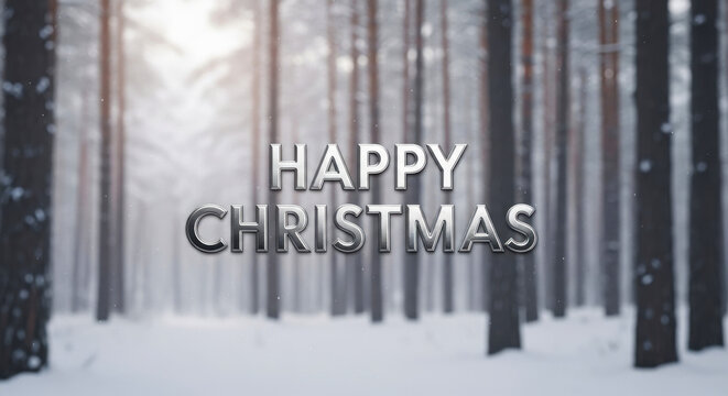 Happy christmas text overlay on a serene winter forest scene with snow falling and sunlight filtering through the trees creating a magical atmosphere