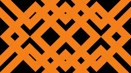 An intricate geometric pattern of intersecting orange lines forming layered diamonds and angular shapes on a black background, creating a bold and dynamic abstract visual