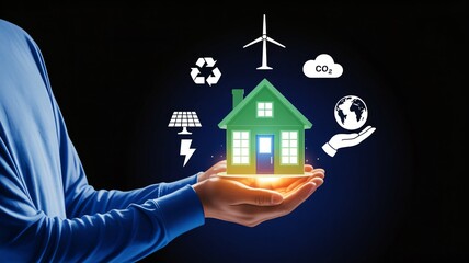 Hands cradle glowing green eco house with renewable energy symbols, representing sustainable living and environmental care for a brighter future.