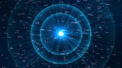 Digital backdrop futuristic tunnel blue light radiating center, big data, block chain digital technology cyberpunk high-tech ambiance glowing, circular energy waves 3D grid. Big data visualization - Powered by Adobe