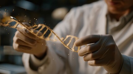 Close-up of holographic DNA strands rotating in midair as the scientist manipulates them with precision gloves — an image symbolizing progress, science-driven innovation, and the fusion of digital