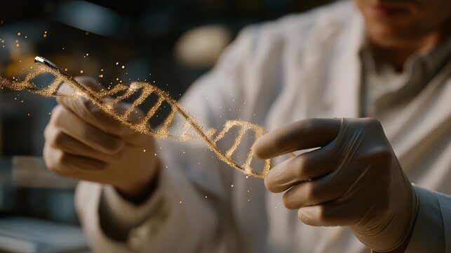 Close-up of holographic DNA strands rotating in midair as the scientist manipulates them with precision gloves — an image symbolizing progress, science-driven innovation, and the fusion of digital