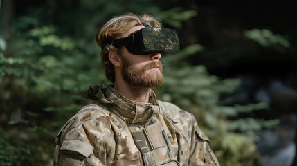 Side view of veteran immersed in calming virtual forest simulation — representing digital mindfulness, emotional healing, stress management, and futuristic therapeutic technology for PTSD recovery.
