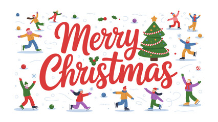 Festive Greetings: Merry Christmas typography with christmas tree and lively people enjoying the snowy scene.