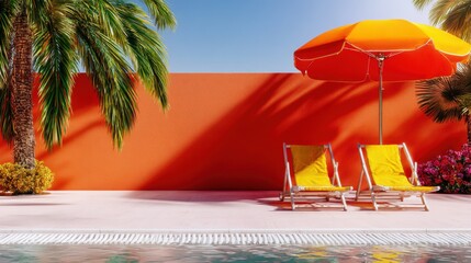 A vibrant summer backdrop: two yellow lounge chairs and an orange umbrella by the pool against a terracotta wall. Tropical relaxation, minimalism.
