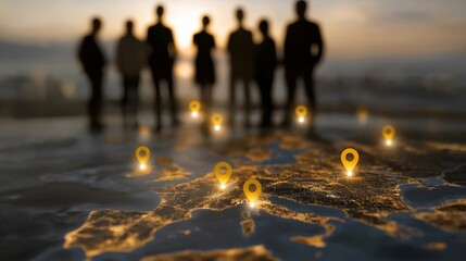 Close-up of shadow silhouettes stretching across iconic cityscapes, glowing nodes marking milestones — representing visual metaphor for professional expansion, opportunity mapping, and abstract