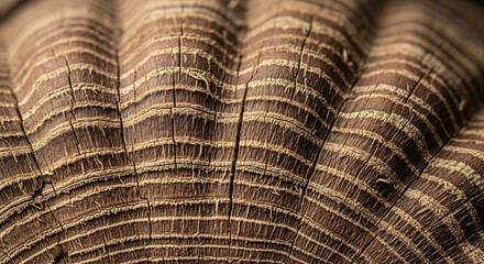 Fototapeta premium Closeup of weathered dark brown wood showing wavy lightcolored growth rings and several vertical cracks