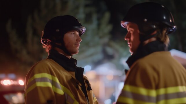 Gas service technicians responding to an emergency gas leak call in a residential neighborhood at night, illuminated by flashing service lights and fog — a cinematic, high-stakes moment capturing