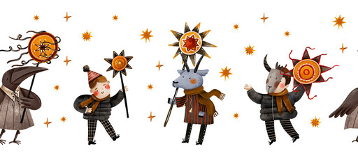 Ukrainian kids celebrate Christmas holidays seamless border pattern Ukraine Malanka Vertep Carolers sing carol song Hand drawn illustration 25 december  background Carolers Kolyadki Kyiv Festival