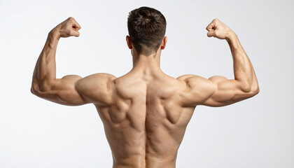 Back view of young muscular man standing confidently, flexing his broad shoulders and toned back