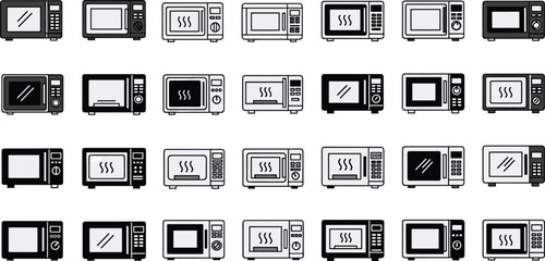 Microwave oven icons, kitchen appliance vector, UI glyph set, cooking device illustration, black white grayscale, CAD style, flat design, minimal