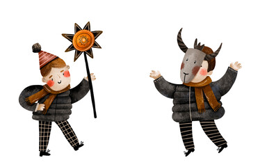 Ukrainian boys children  celebrate Christmas. Ukraine Malanka, Vertep sing Carol song. Hand drawm winter holidays illustration. Happy 25 december holidays. Kiev traditions