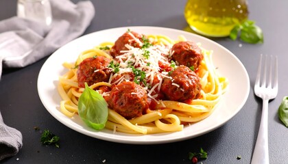 Close-up of pasta with meatballs, covered in sauce and cheese, on a white plate, alongside oil and a fork
