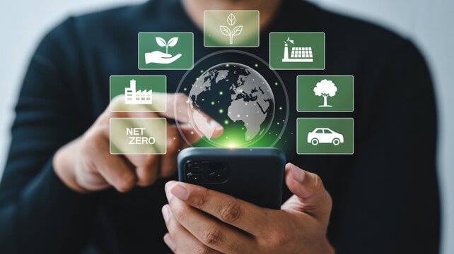 Person using smartphone interacts with futuristic net zero emissions digital interface showing global sustainability concepts and eco friendly icons for a greener planet