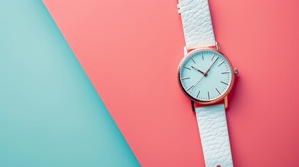 Close up of a white watch with a gold frame on a pink and blue background flat lay style image