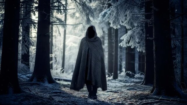 Mysterious figure walks through a snow-covered forest in winter, a pagan Yule or Imbolc scene