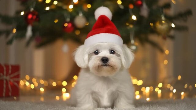 Ein s&uuml;&szlig;er Malteser-Welpe sitzt unter einem festlich geschm&uuml;ckten Weihnachtsbaum