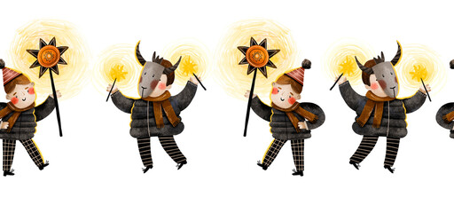 Ukrainian kids celebrate Christmas seamless border pattern Ukraine Malanka Vertep sing Carol Hand drawn winter holidays illustration 25 december theatre endless background Carolers Kolyadki