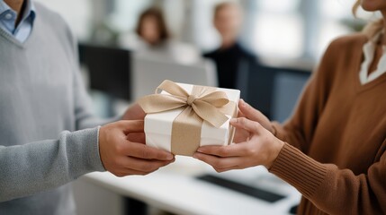 Close-up of hands placing gift and handwritten note on a desk while coworkers watch smiling, highlighting team compassion, support during challenging times, and positive office interactions.