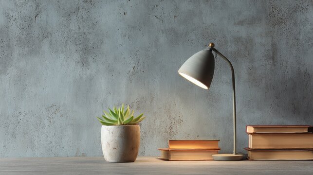 Modern desk scene with stylish lamp, succulent plant, and stacked books against a textured gray wall for contemporary interior design inspiration