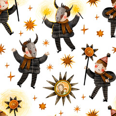 Ukrainian children with star celebrate Christmas seamless pattern Ukraine Malanka Vertep sing Carol song Hand drawm winter holidays illustration 25 december holidays Kiev traditions endless background