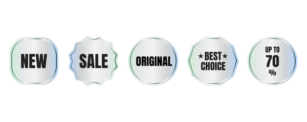 Holographic sticker set. Bright rainbow emblems. Sale, best choice, new arrivals, original, discount up to 70%. Vector.