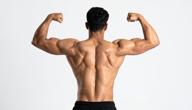 Back view of young muscular man standing confidently, flexing his broad shoulders and toned back