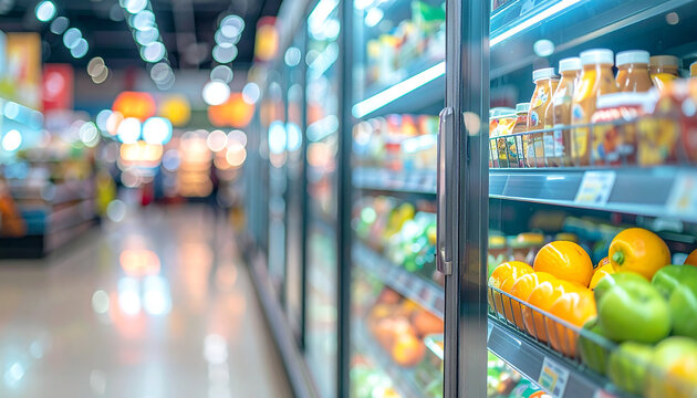 Supermarket fridge with assorted food products on glass shelves, glass showcase, blurry background