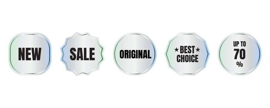 Holographic sticker set. Bright rainbow emblems. Sale, best choice, new arrivals, original, discount up to 70%. Vector.