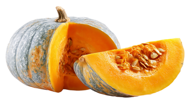 Close up of a cut pumpkin with seeds and orange flesh on a isolated on transparent background