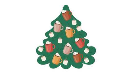 Festive Tree with cocoa: A whimsical holiday design of a Christmas tree with cocoa mugs and marshmallows. Evoking warmth and festive cheer.