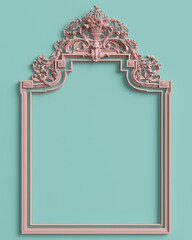 Classic frame with ornament decor in pastel pink color on pastel mint blue background