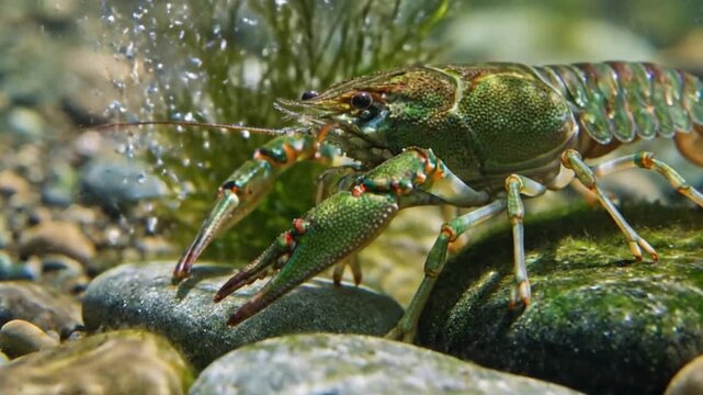 A vibrant freshwater crustacean, with a textured exoskeleton showcasing intricate patterns of green, brown, and hints of red, slowly navigates the rocky bed of a clear river or stream. The detailed cl