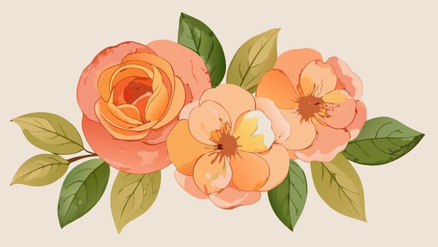 Soft peach roses and green leaves floral arrangement watercolor illustration