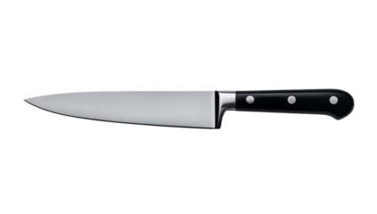A stainless steel chef knife with a black handle on a isolated on transparent background