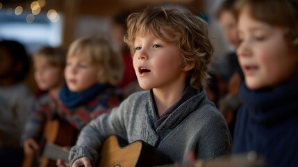 Group of children at a shelter singing Christmas carols while volunteers accompany them with guitars — an emotional and heartwarming celebration of unity, music, and shared happiness despite life’s