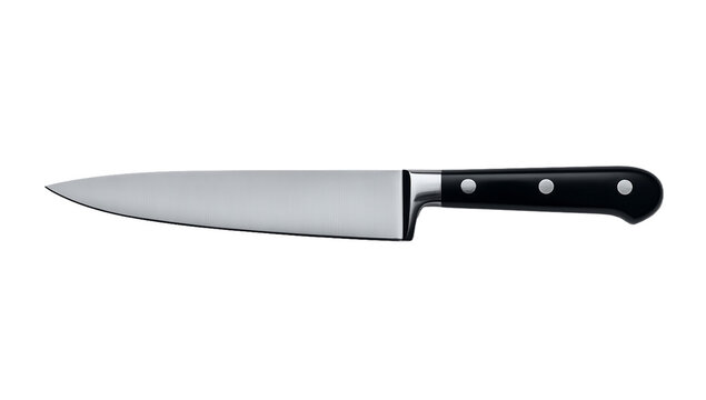 A stainless steel chef knife with a black handle on a isolated on transparent background