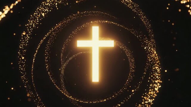 Golden Christian Cross with Luminous Particles Looping Animation

