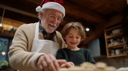 Elderly man wearing a Santa hat teaching his grandchild how to bake cookies in a warm kitchen — concept of family bonding, generational connection, and traditional Christmas activities in cozy home