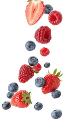 Vibrant berries cascading gracefully on a pure white background creating a visually stunning culinary display
