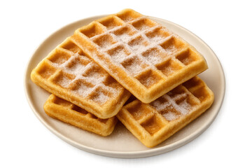 Golden waffles with powdered sugar on plate