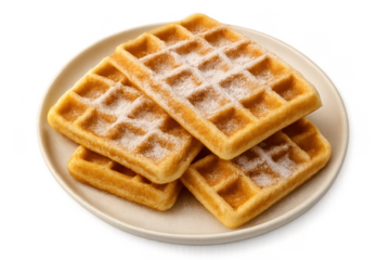 Golden waffles with powdered sugar on plate